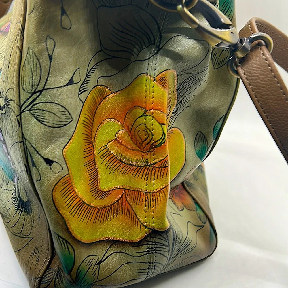 Anuschka Anna Beautiful Gray Flowers & Butterflies Shoulder Purse Bag w/ Wallet - Picture 5 of 14